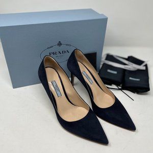 Prada Blue Suede Pump 85mm Stiletto Heel, Pointed Toe, Size 36.5 MFRP $925 w/Box